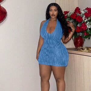 Blue V-Neck Halter Mini Dress